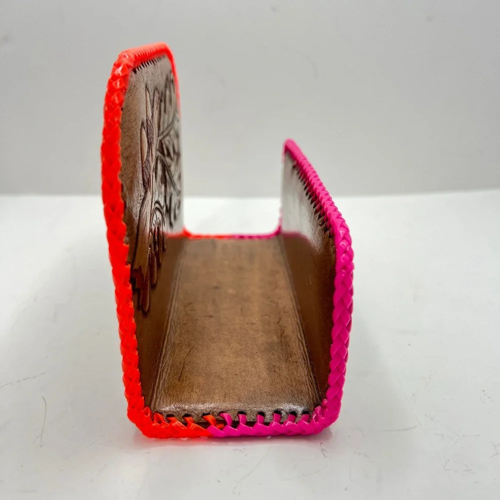 Vintage‎ Hand Tooled Leather Napkin Holder Oak Maple Leaf Neon Whipstitch Rustic